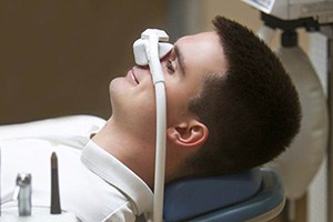 Closeup of man relaxing with nitrous oxide dental sedation in Edmonton 